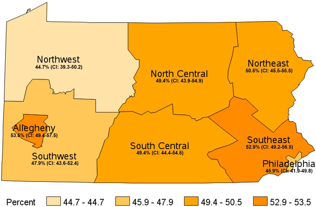 Had Flu Shot or Flu Vaccine Sprayed in Nose in the Past Year, Pennsylvania Health Districts, 2021